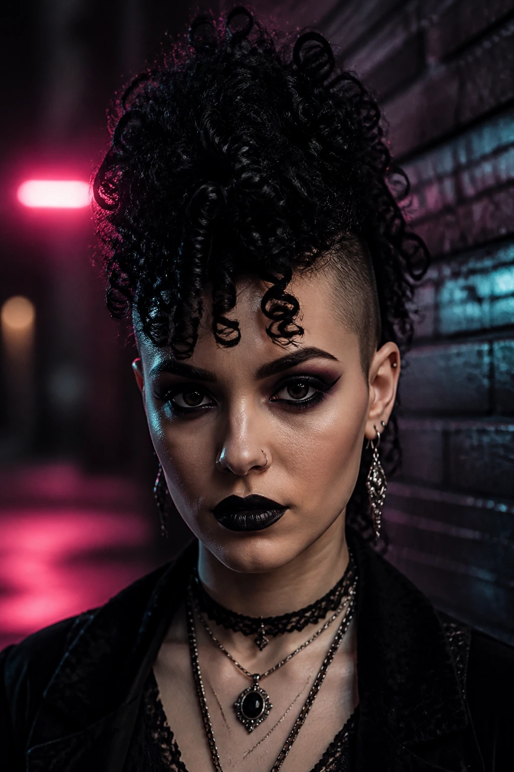 Close-up of a real person with jet-black ringlet Mohawk and shaved sides.