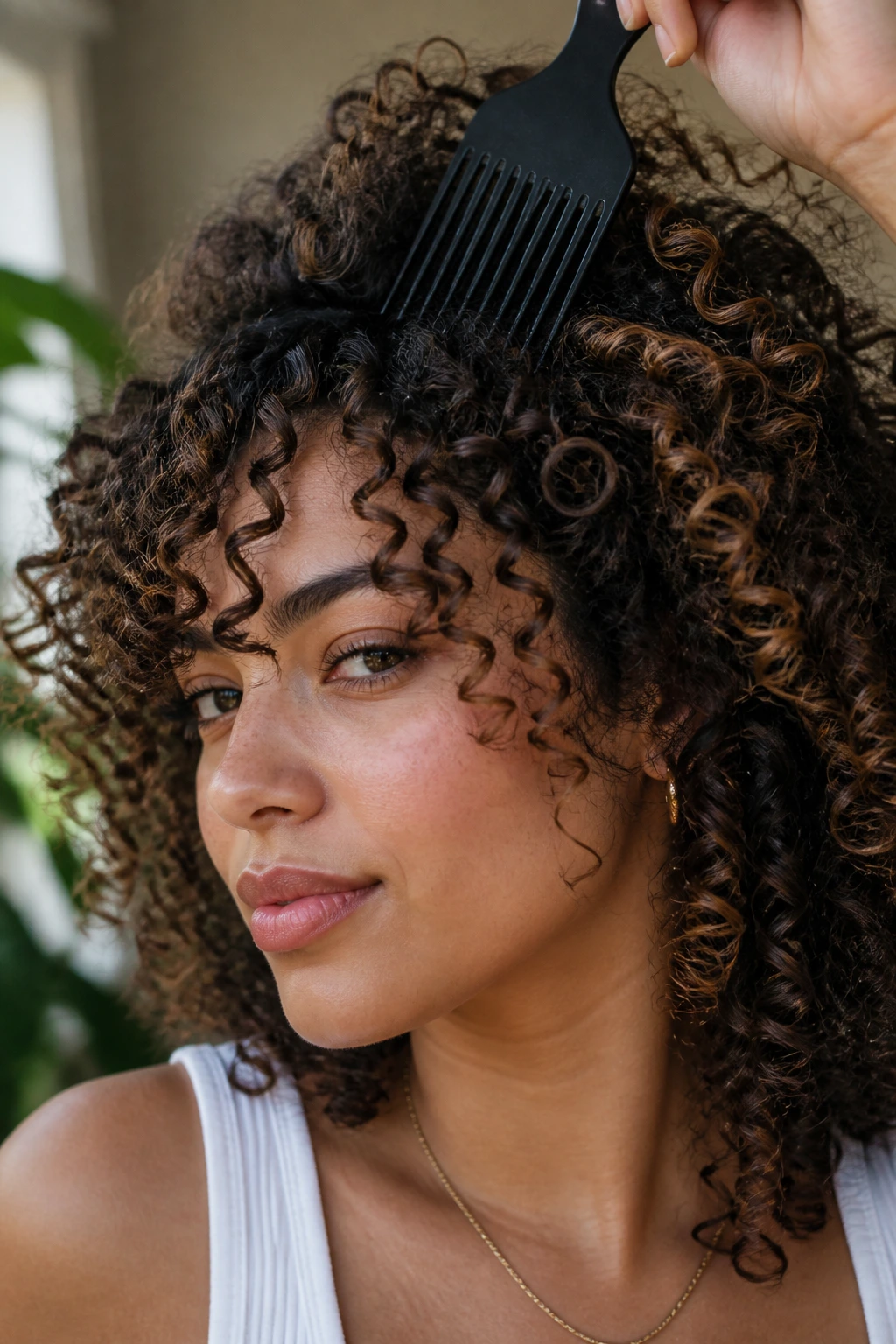 Close-up of a real woman with defined ringlets and a hair pick at the roots.