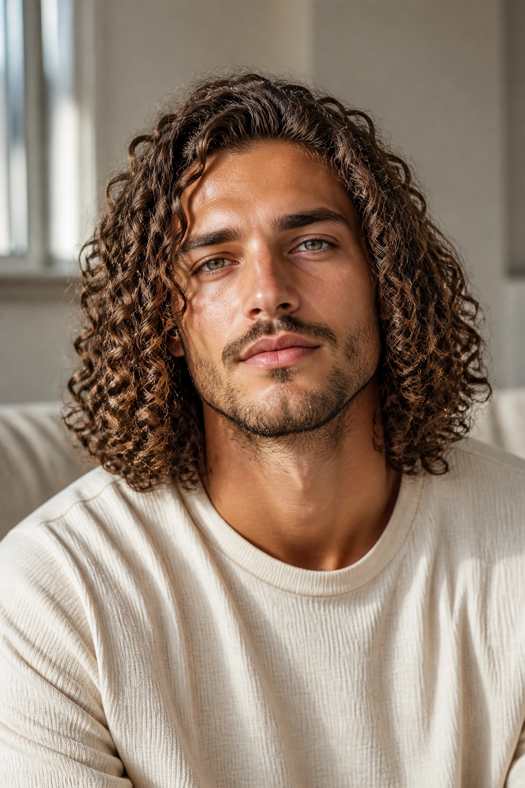 Portrait of a real man with shoulder-length defined curly ringlets.