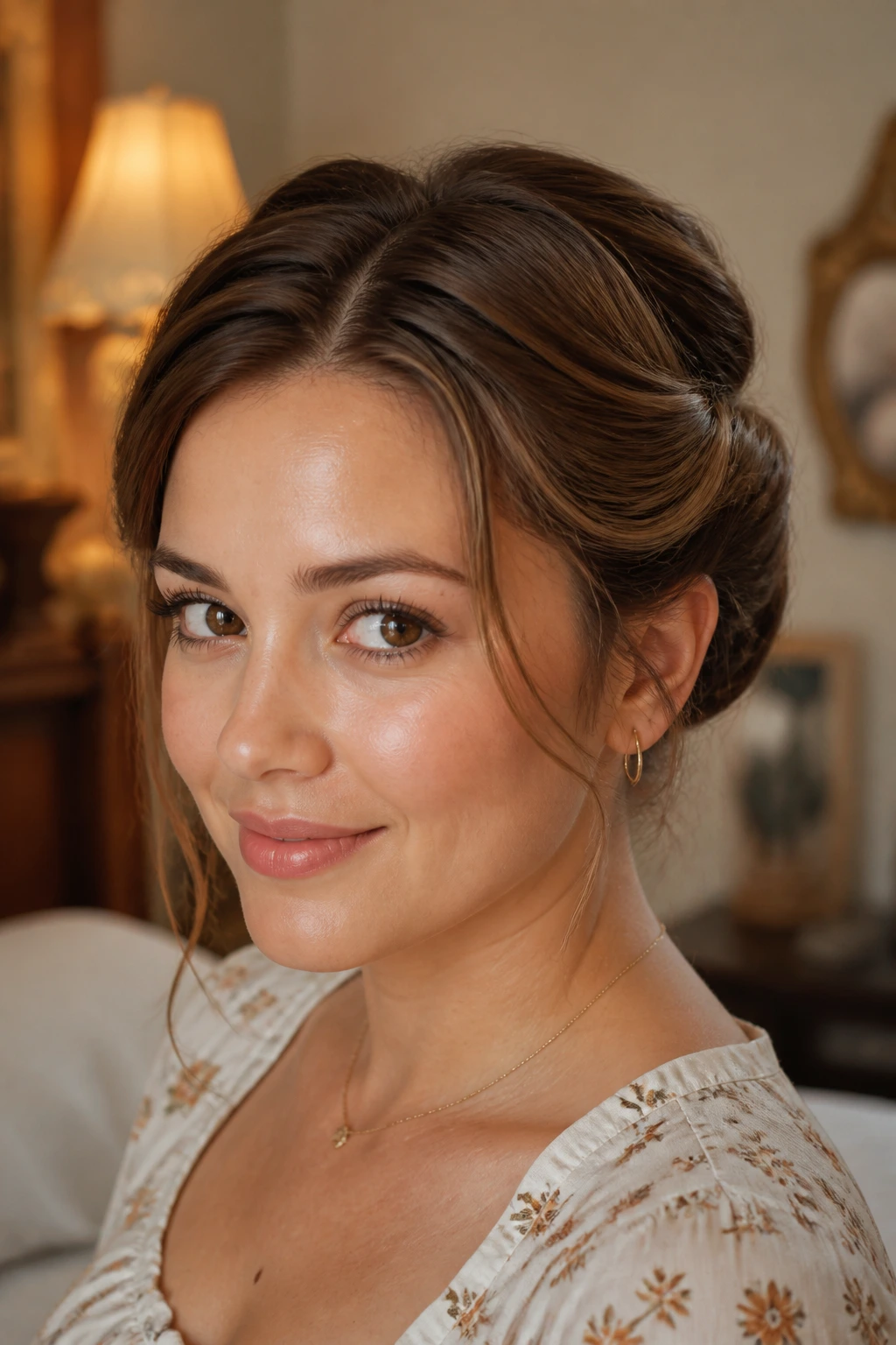 Close-up of a real person wearing a rolled edge halo hairstyle with two rolls meeting at back