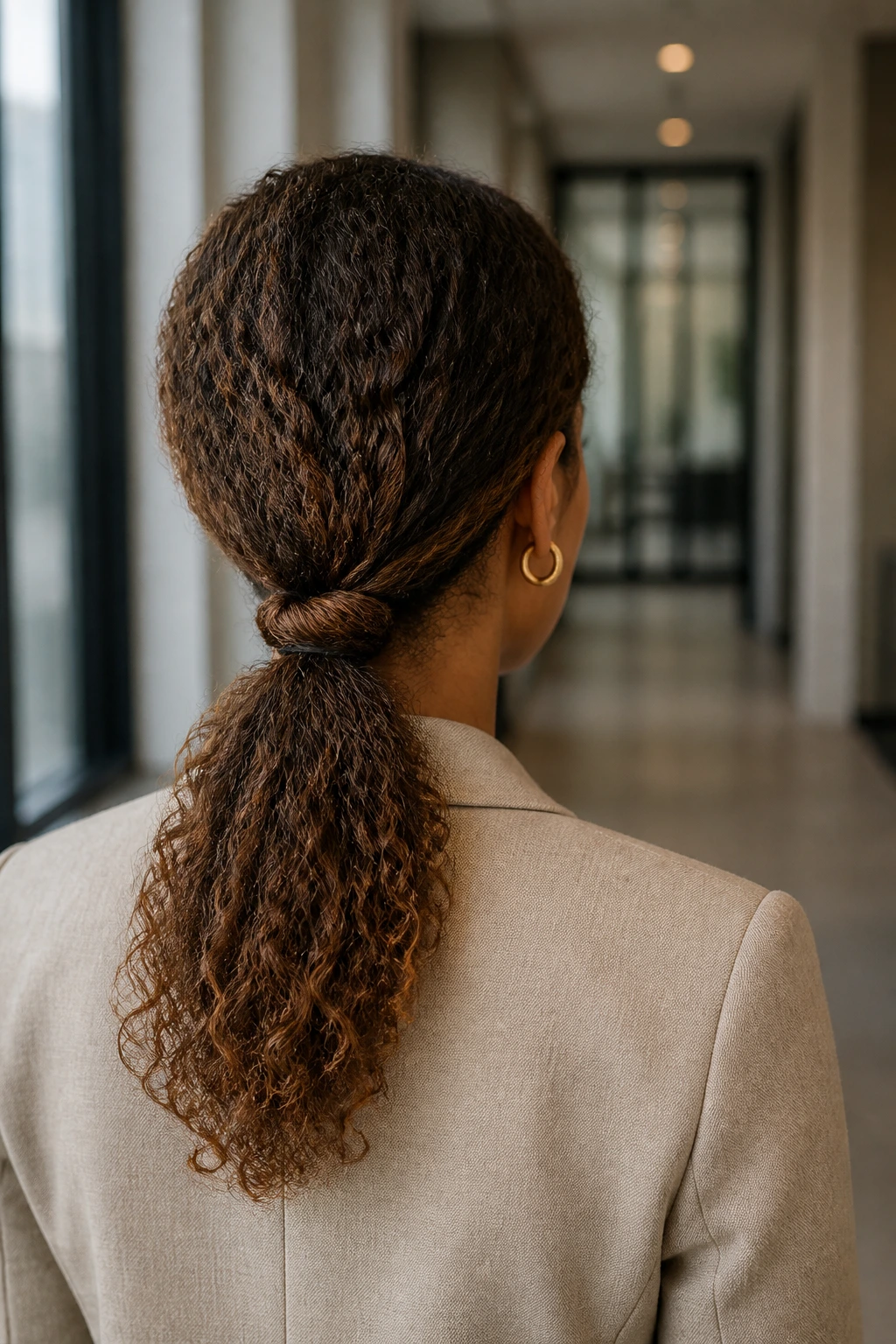 Rear profile of a real person with a rolled low pony in an office setting.