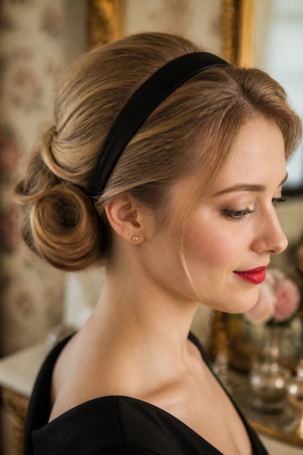 Portrait of a real woman with a rolled updo at the nape