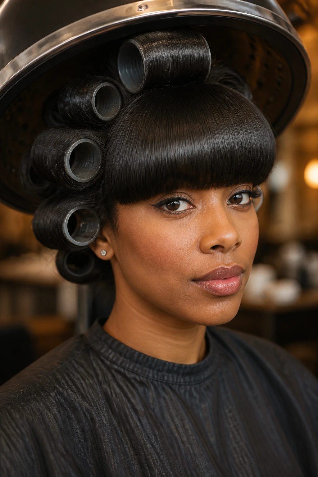 Portrait of a woman with blunt bangs and roller-set hair under a hood dryer