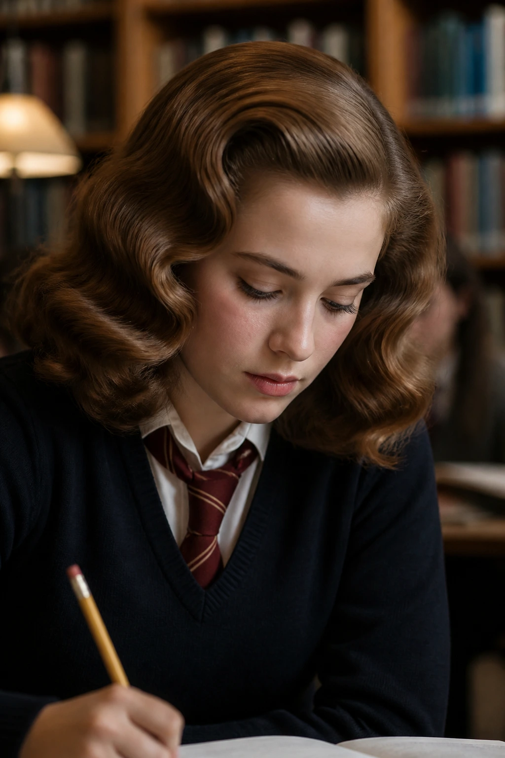 Close-up of a real student with roller-set waves in a school library