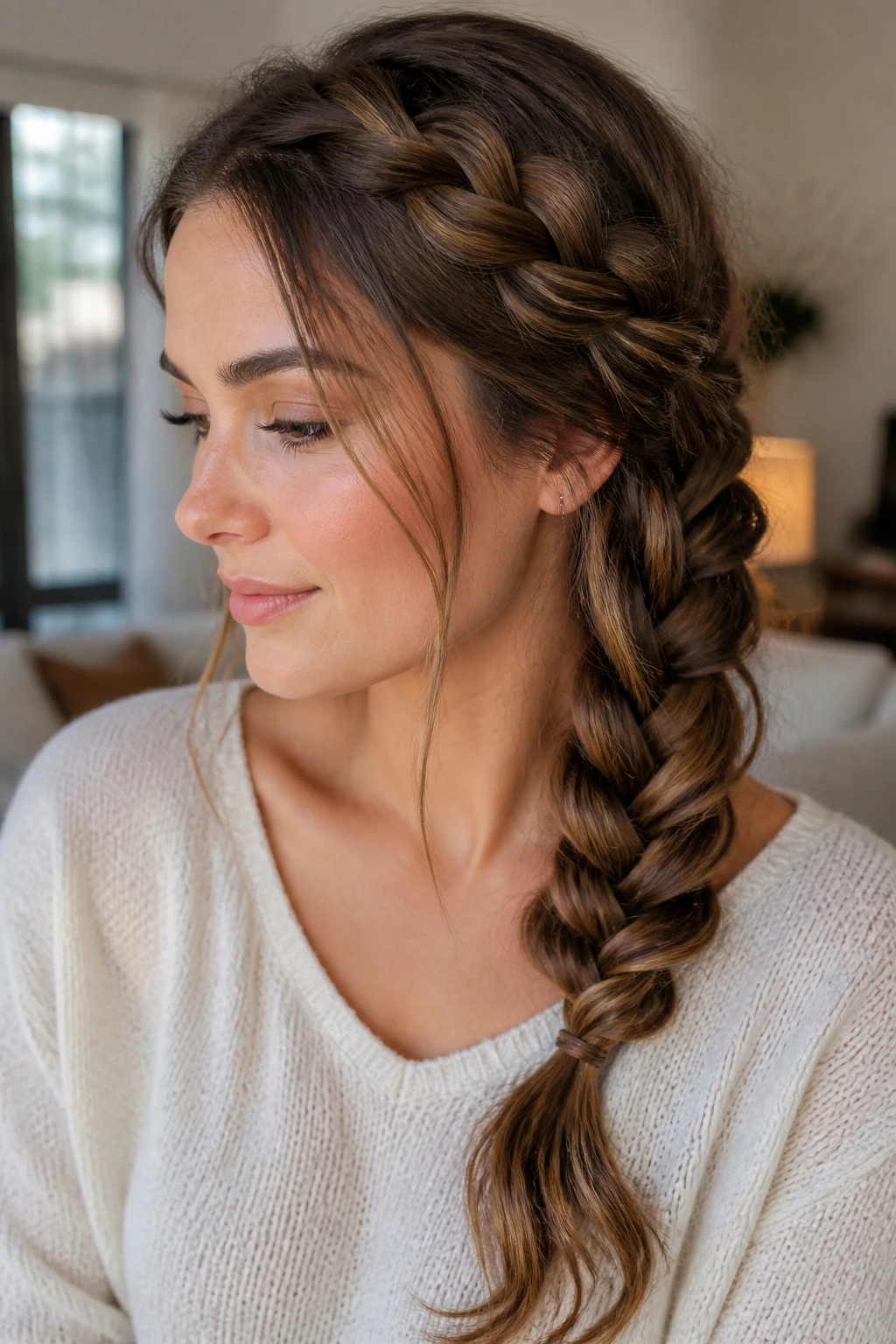 Portrait of a real woman with a side-swept Dutch braid in a warm living room