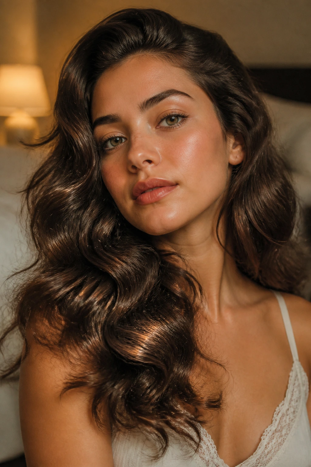 Real woman with brushed-out romantic waves, glossy curls under warm light