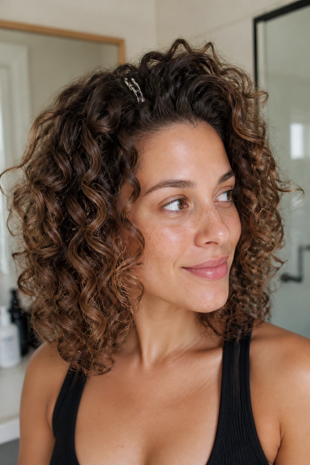 Close-up of a real woman with diffused roots for volume using root clips