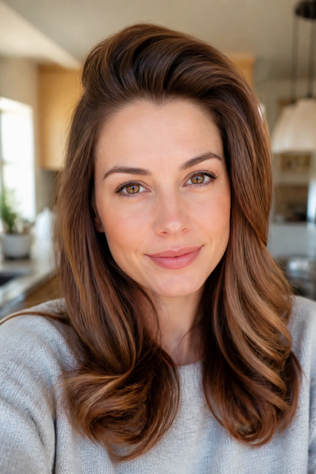 Portrait of woman with deep-root lift at crown for added volume.