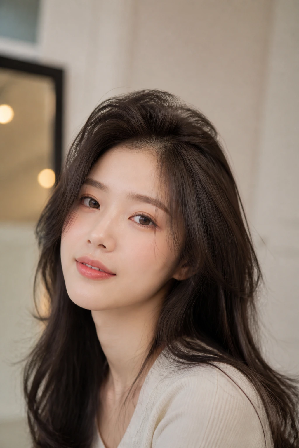 Close-up of a real woman with crown lift from a root perm highlighting elongated face shape
