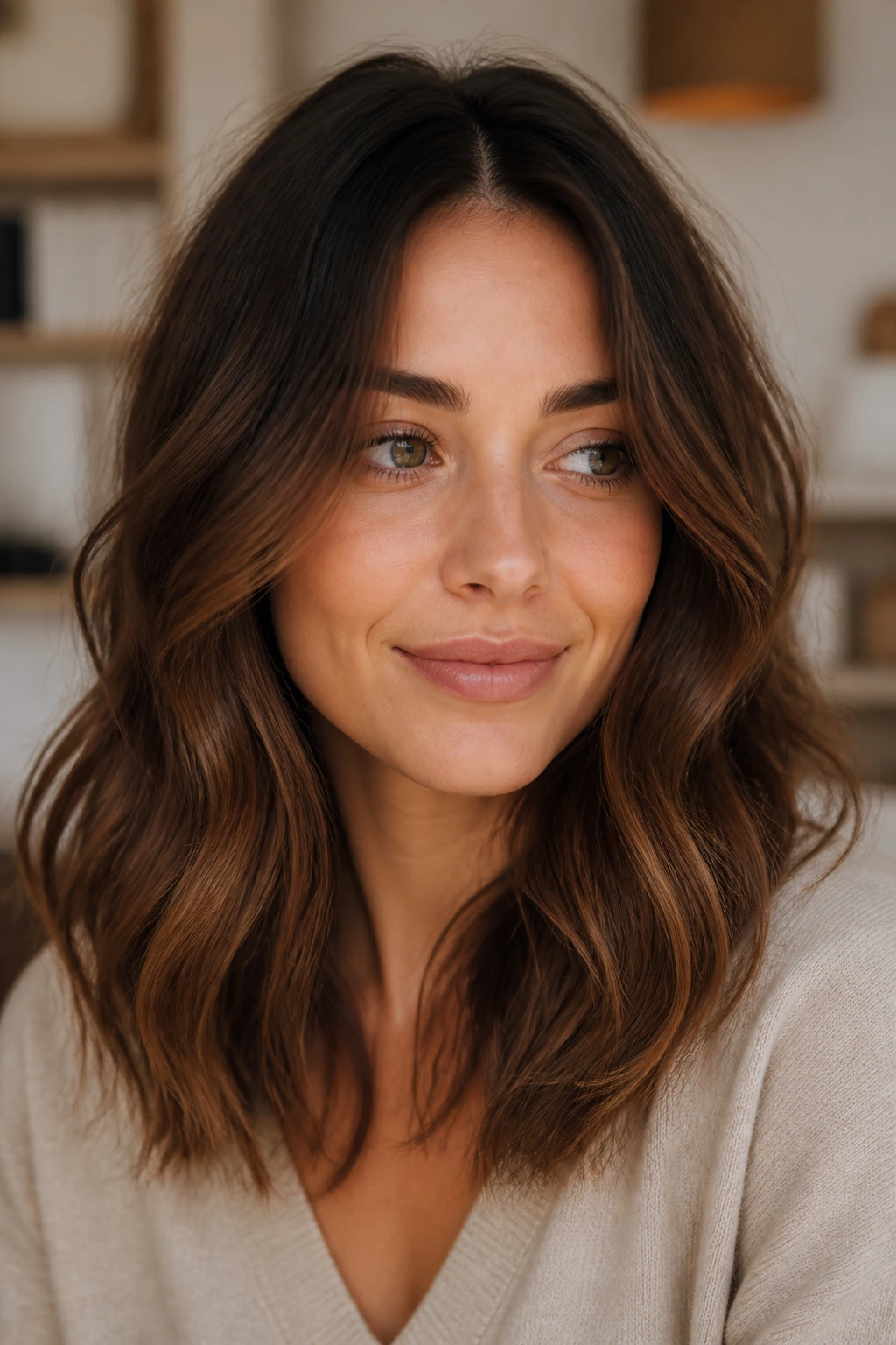Close-up of real woman with chocolate brown root smudge and darker roots