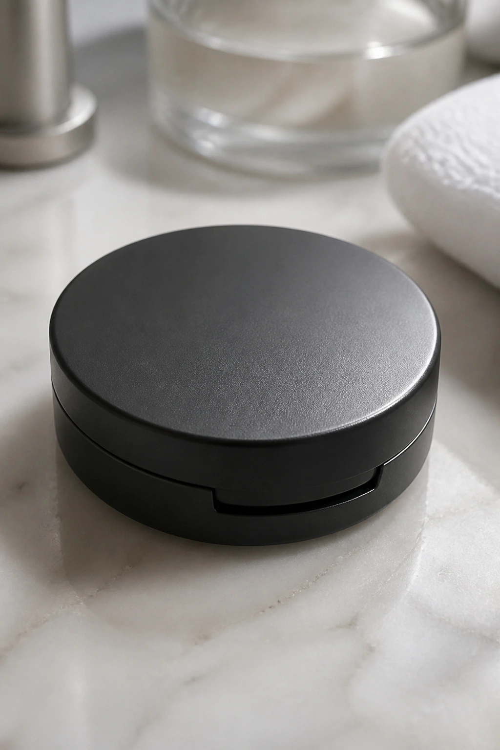 Close-up of a plain compact powder container on a bathroom counter