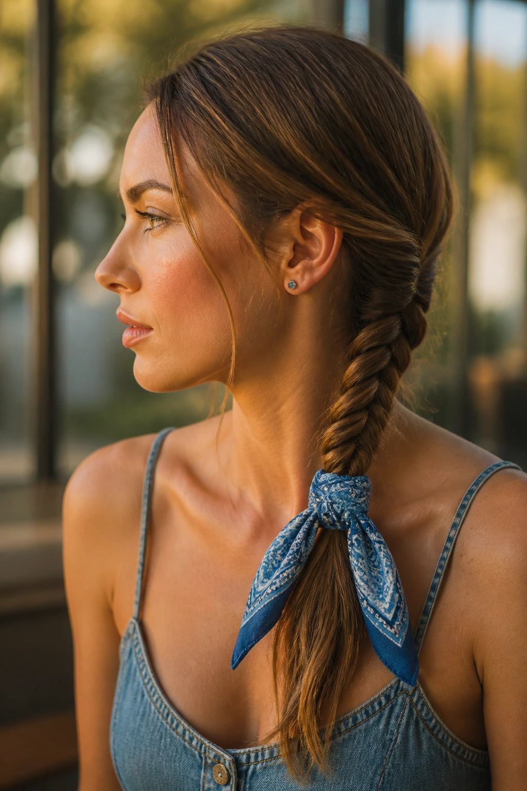 Close-up of a real woman with a rope braid tied with a bandana in golden hour light