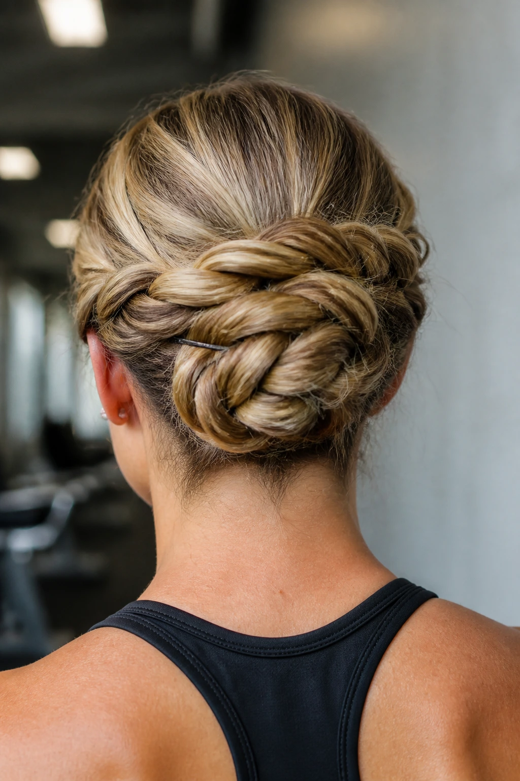 Back view of a real woman showing a double-wrapped rope braid forming a dense coil at the back of the head.