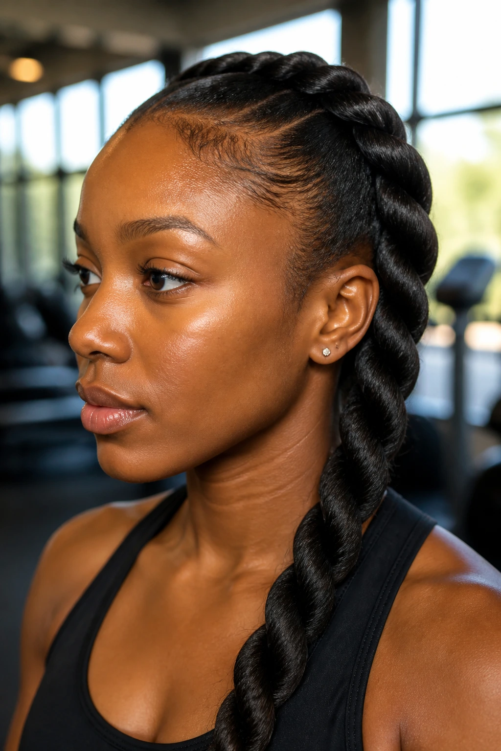 Close-up of a real person with a rope braid hairstyle during workout