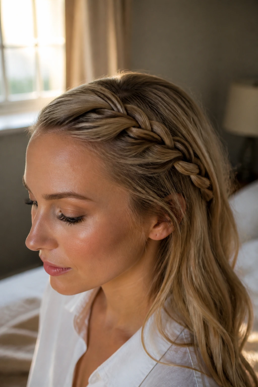 Close-up of a real woman with a two-strand rope braid along the side of the head.