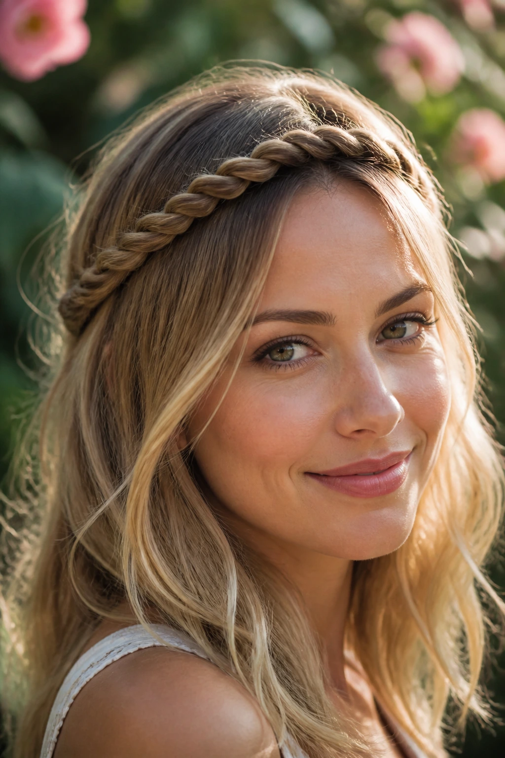 Real woman wearing a rope braid headband in soft garden light