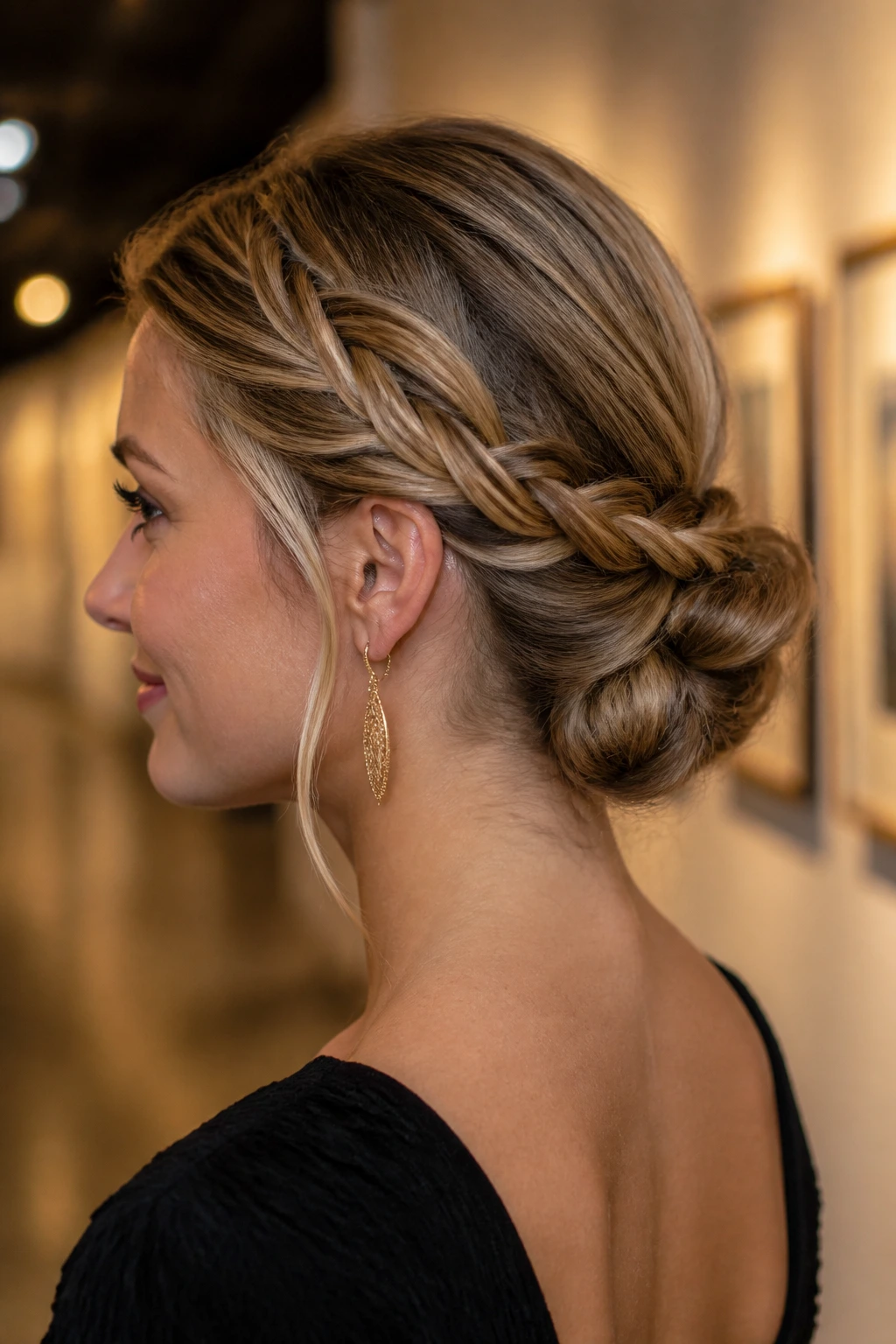 Close-up portrait of a real person with a rope braid pulled into a low bun at the nape.