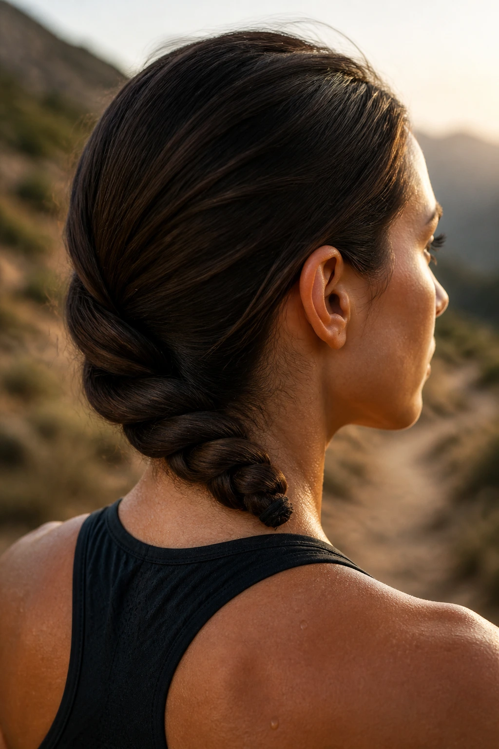 Close-up of a real person with a low rope braid at the nape outdoors