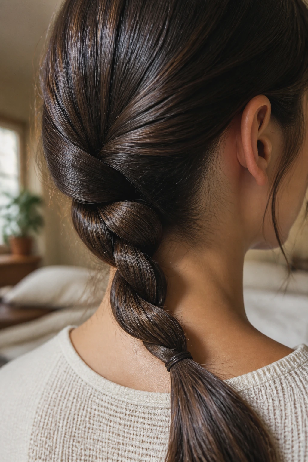 Close-up of a woman with a thick rope braid at the nape of the neck