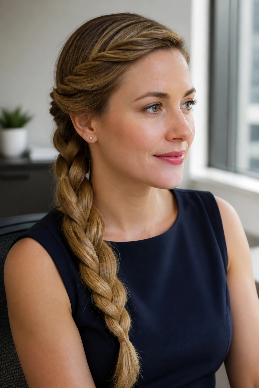 Portrait of a woman with side-swept rope braid in office