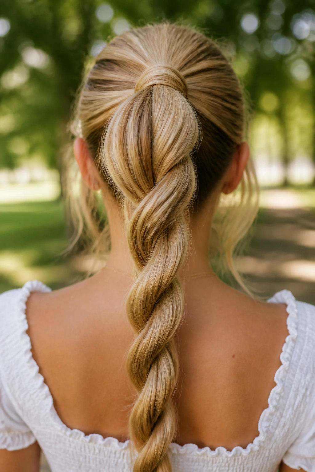 Back-of-head view of a real woman with a rope twist ponytail outdoors.