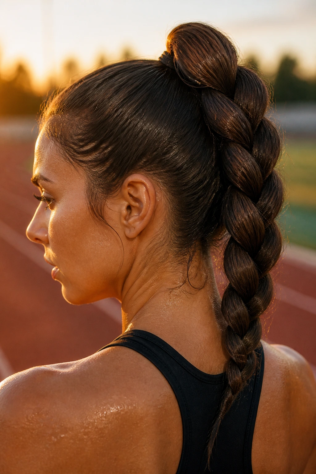 Close-up of a real woman with a large rope braid in a high ponytail against an outdoor track at golden hour