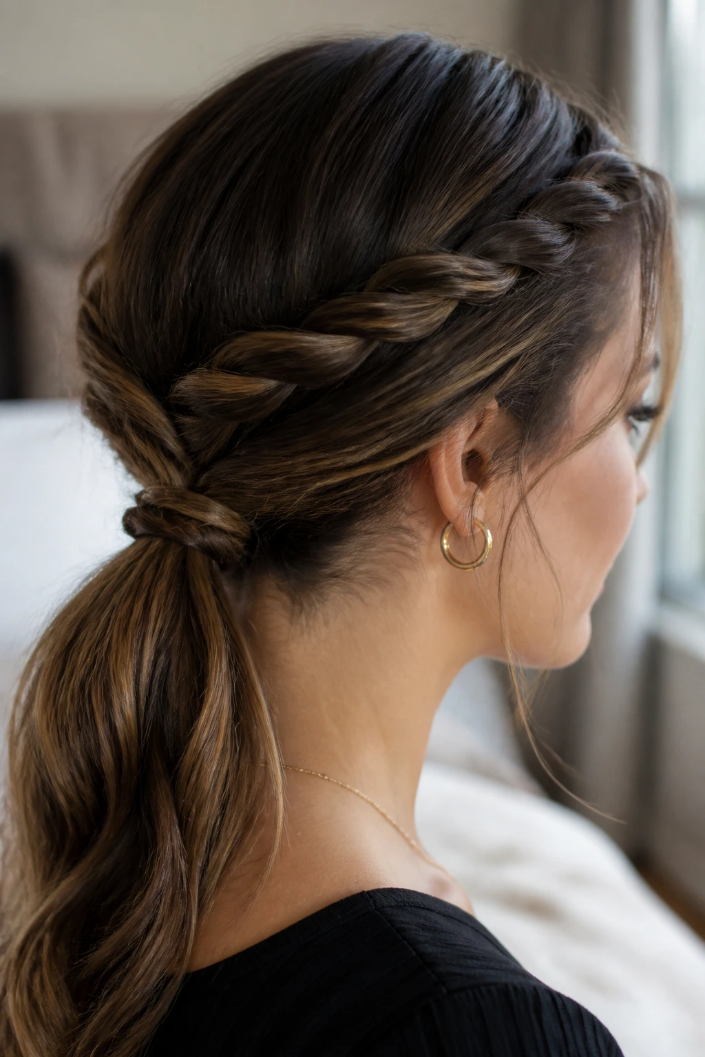 Close-up of rope-braid ponytail on real woman