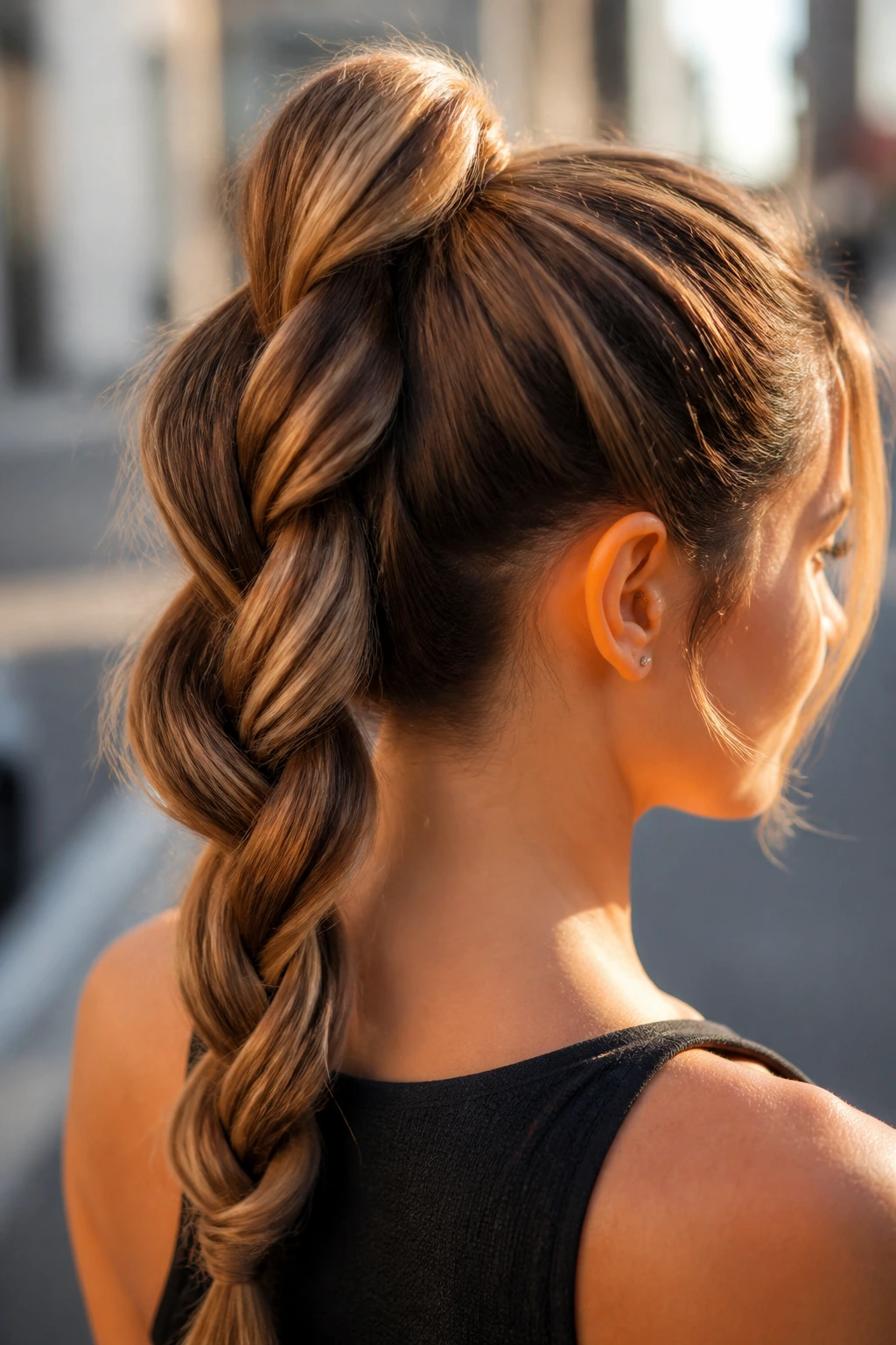 Close-up portrait of a real woman with a twisted rope braid in a high ponytail