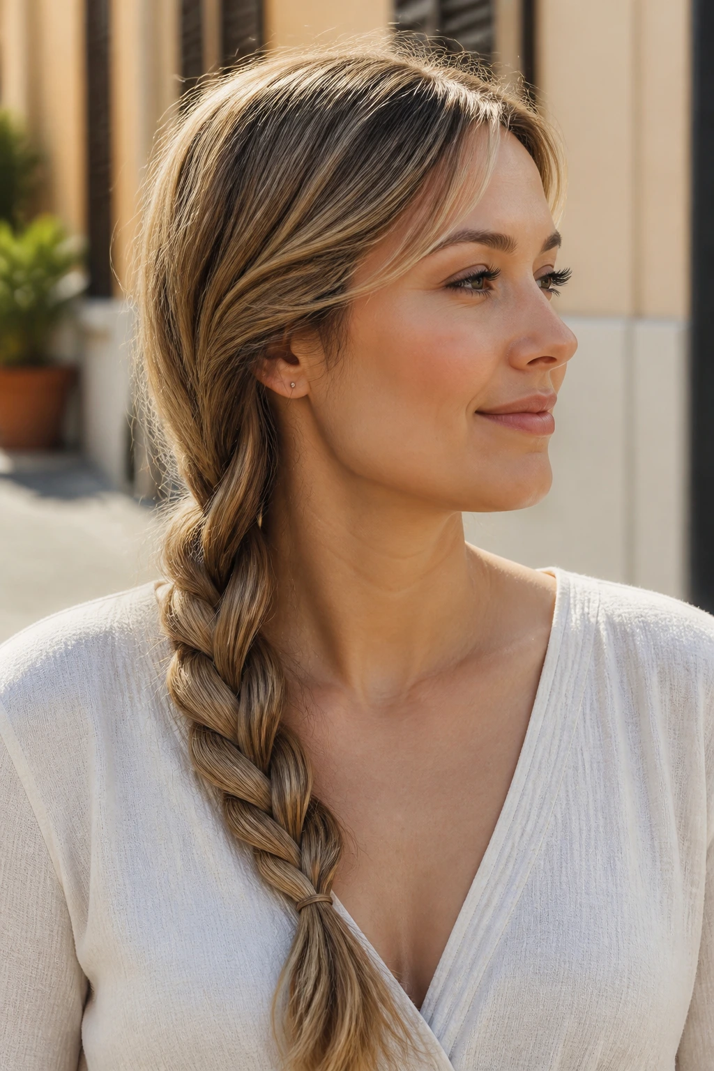 Close-up of a real woman with a twisted side rope braid.