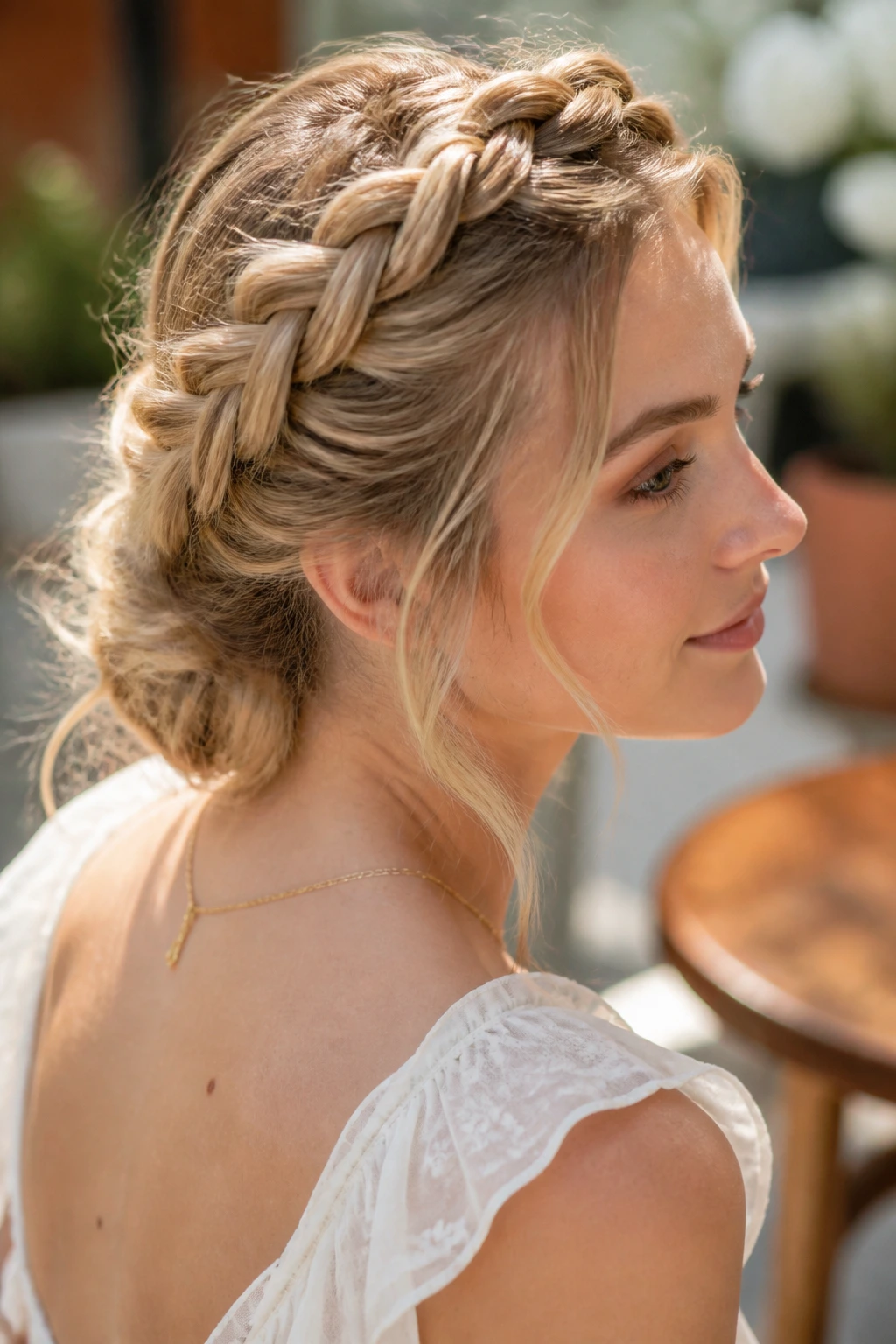 Close-up of a woman with a textured rope braid around the crown in sunny outdoor light.