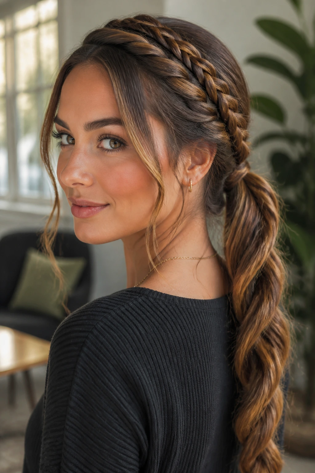 Close-up portrait of a real woman with double-twisted rope braid