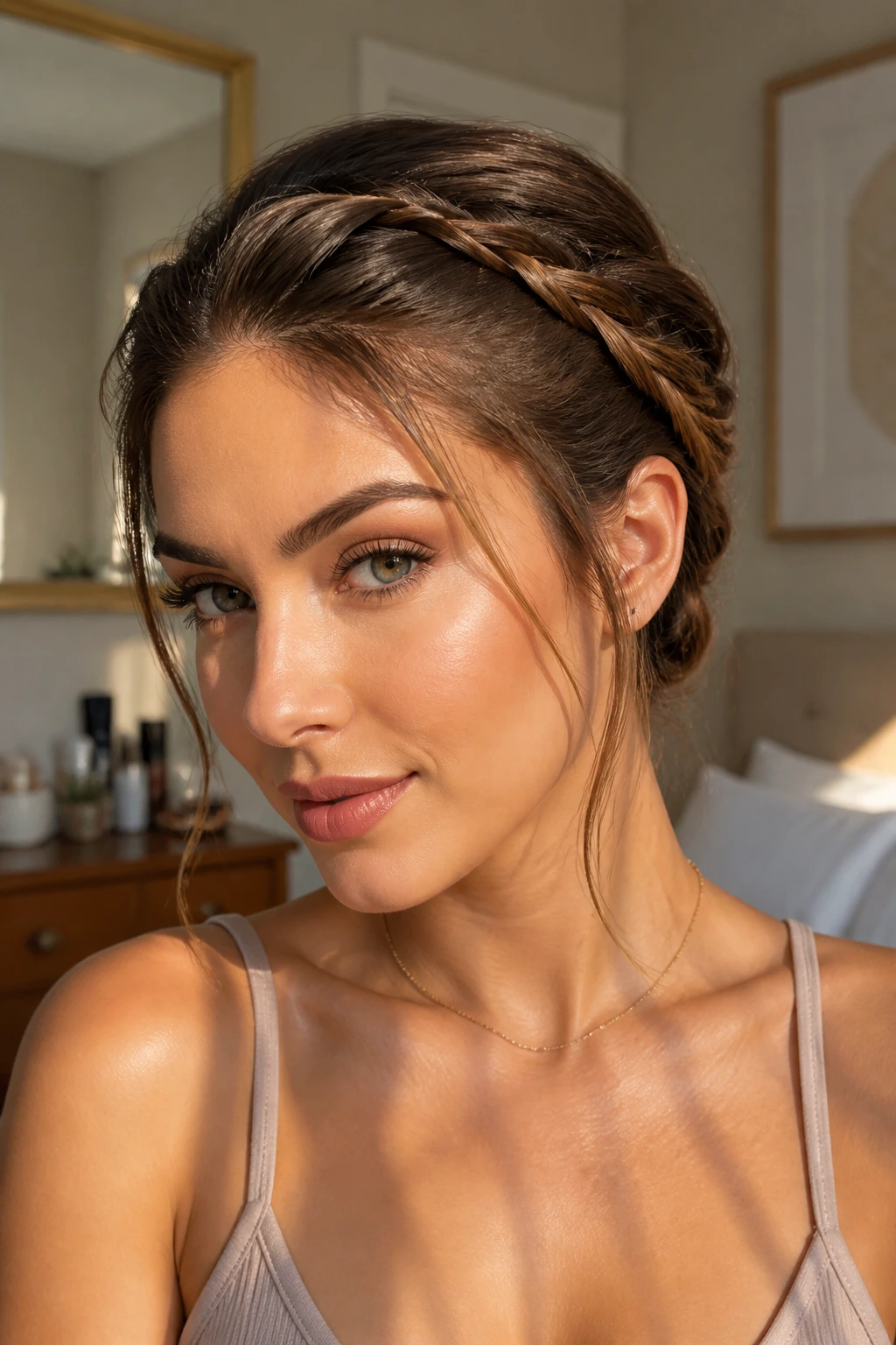 Close-up portrait of a real woman with a rope braid twist