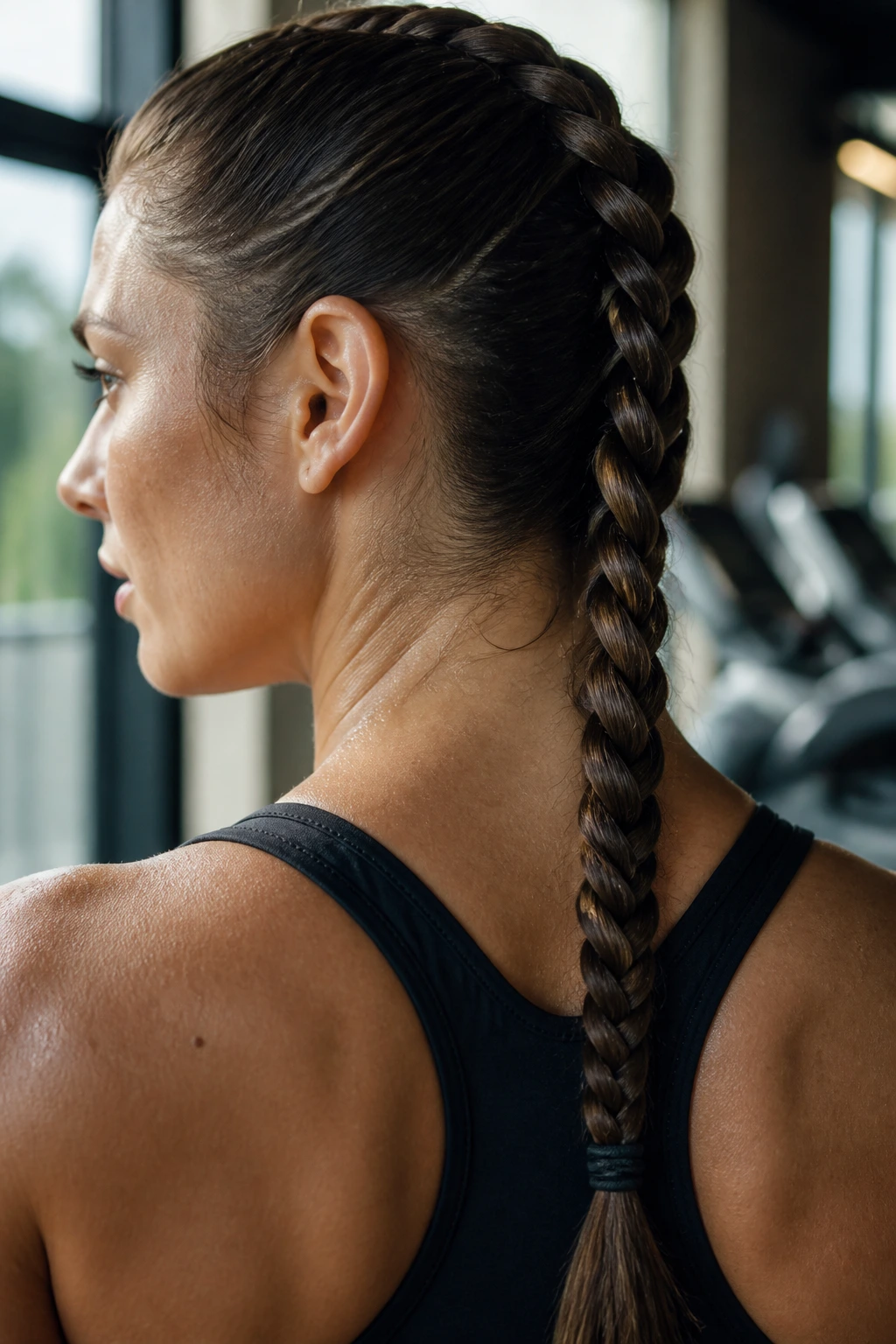 Close-up of a real woman's single rope braid along back of head