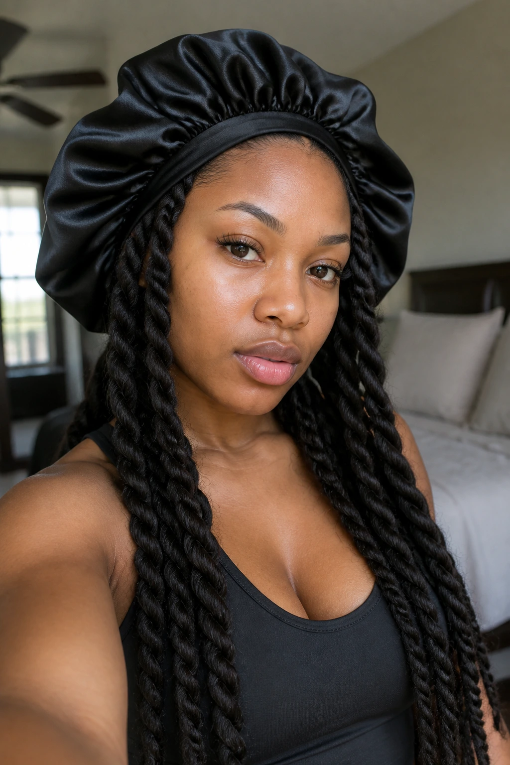 Real woman with rope braids under bonnet, long hair.