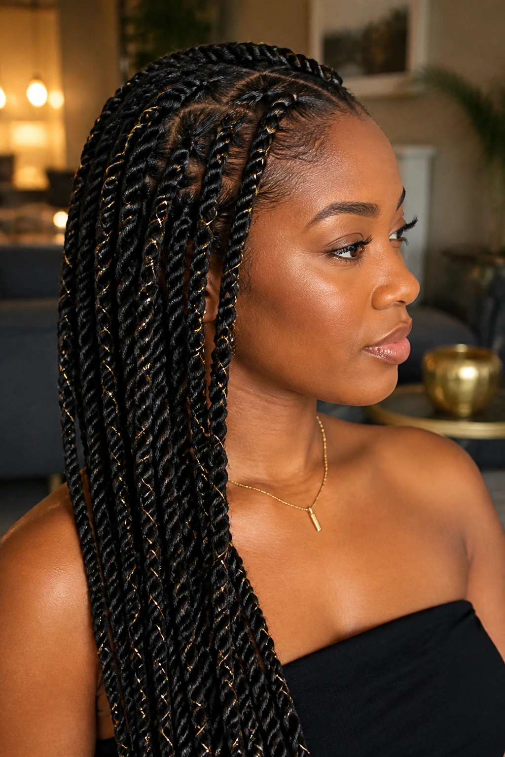 Close-up of rope braids wrapped with metallic thread ribbon on a real woman's head