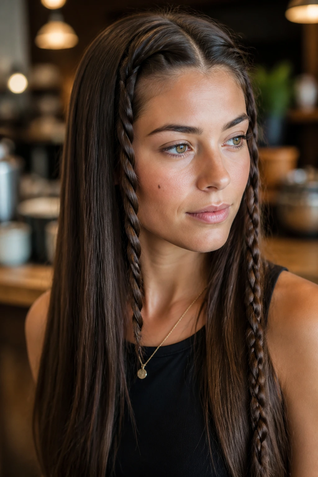 Close-up of a woman with rope braids framing the face.