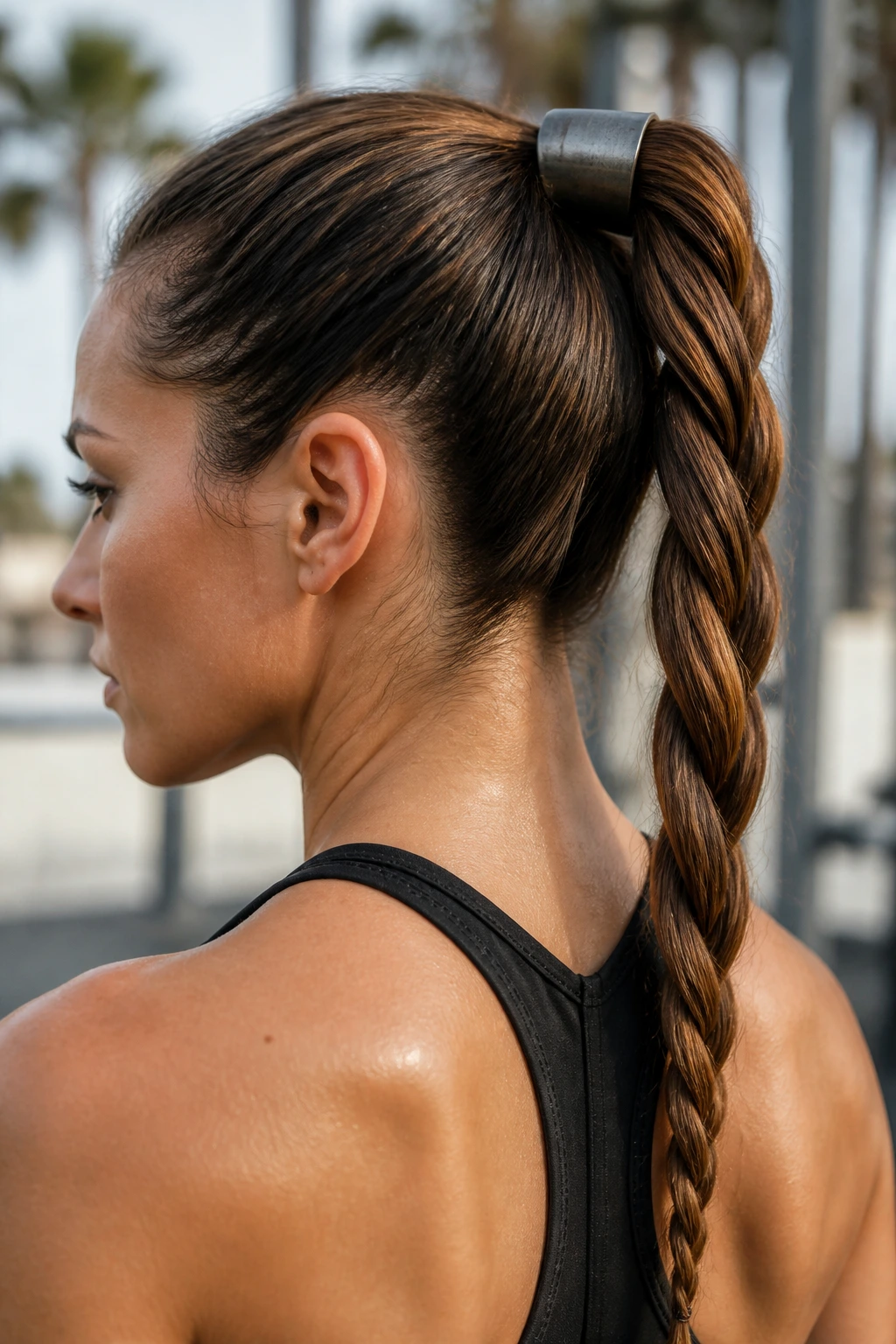 Close-up of a real woman with a twisted rope ponytail and metal cuff