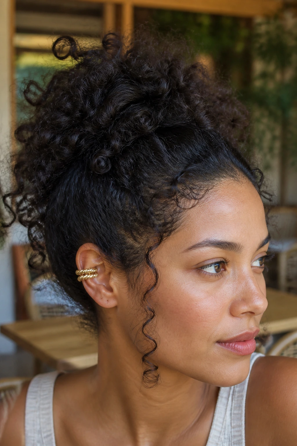 Close-up of ear with chunky rope-texture cuff and hair pulled into a high ponytail