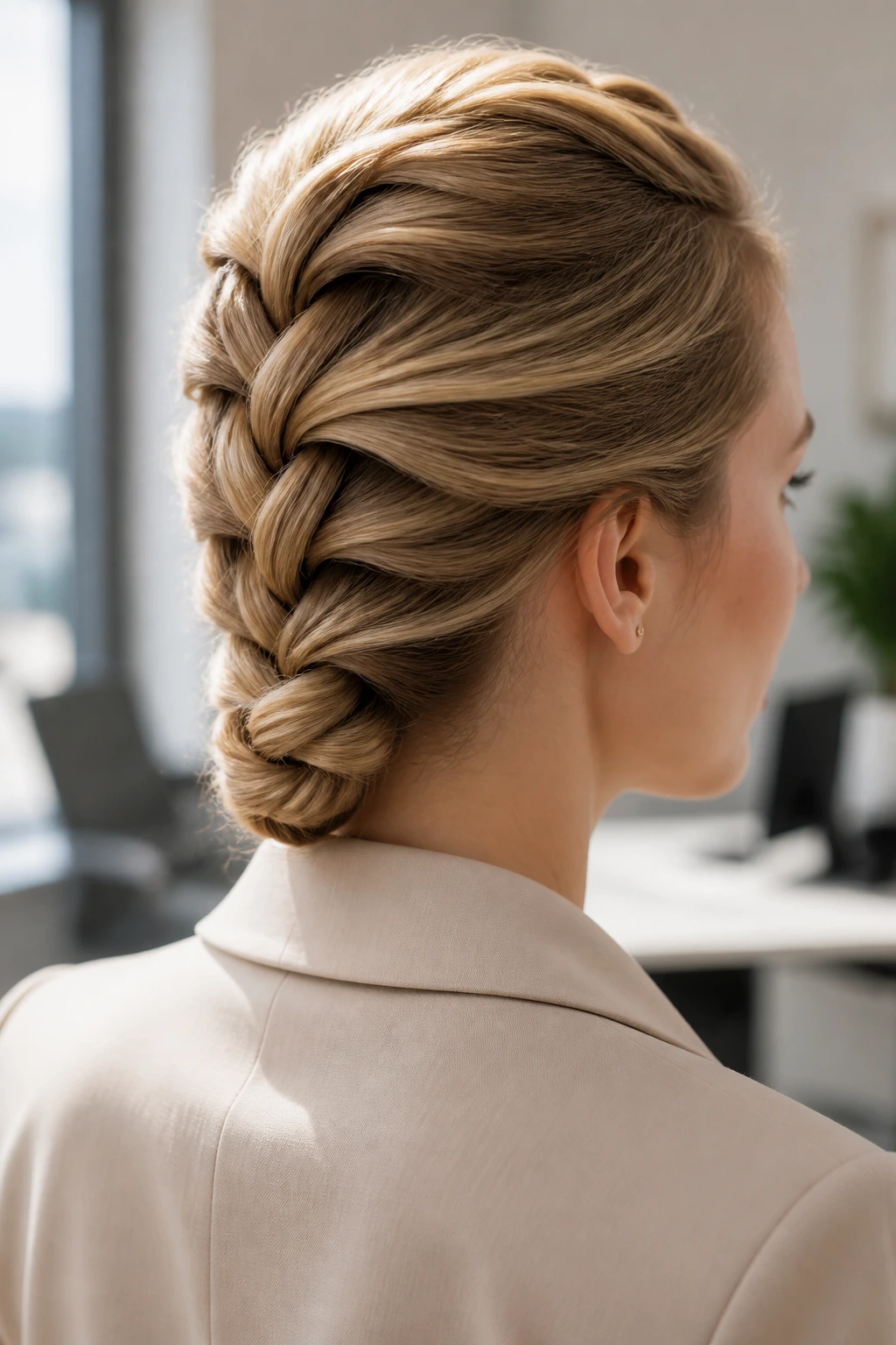 Close-up of a woman with a rope-twist banana braid in an office setting