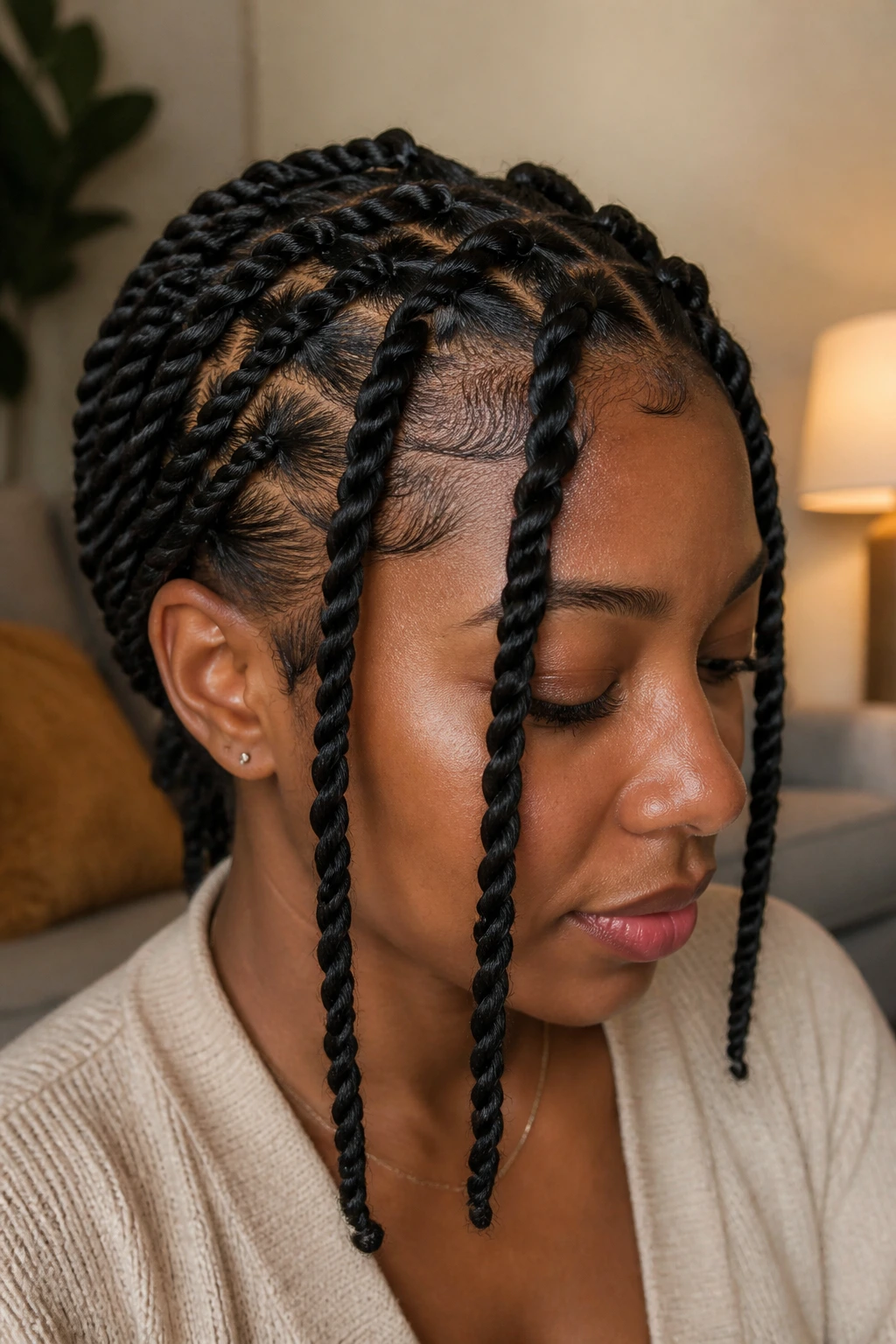 Close-up of rope twist braid on real person