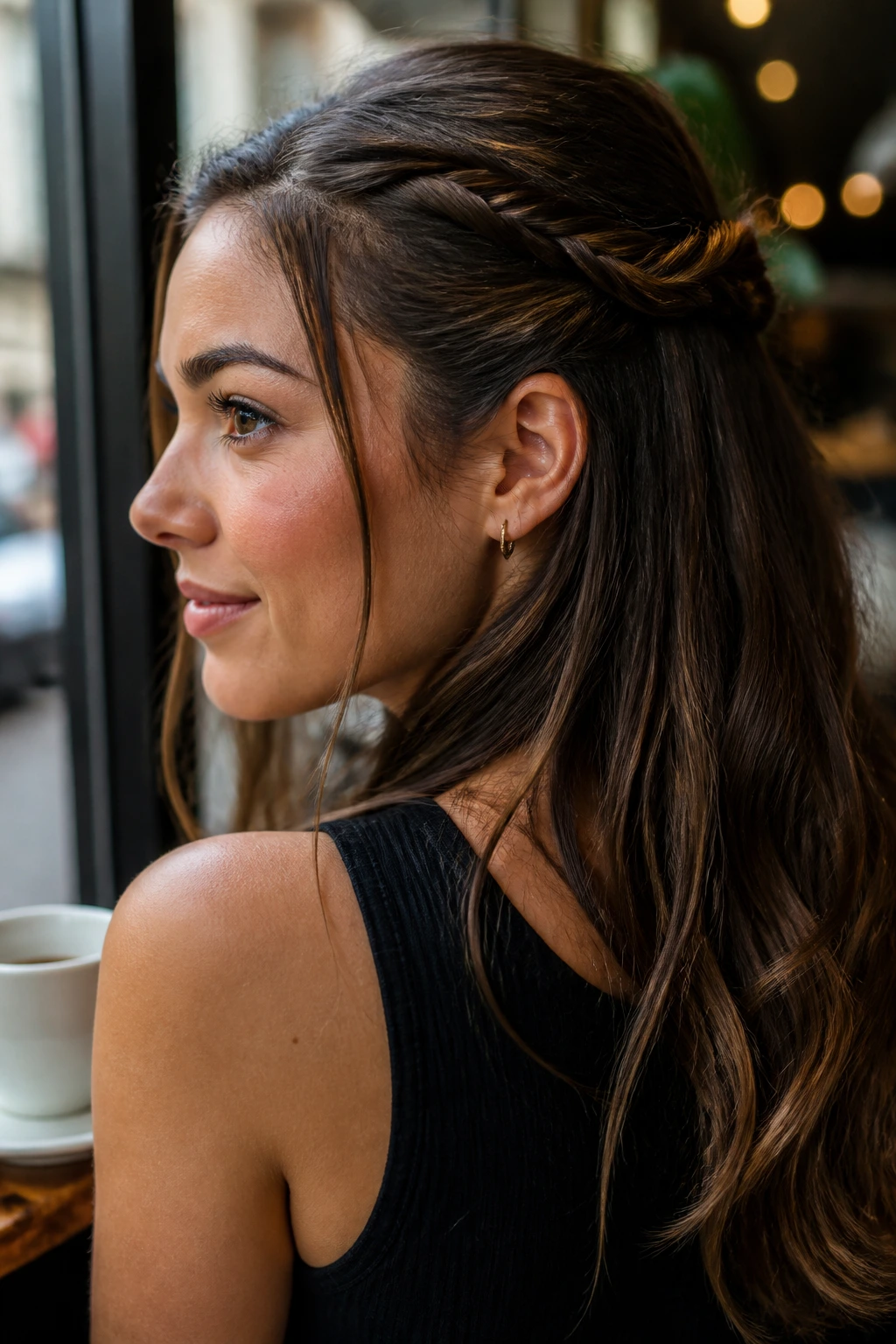 Close-up of a woman with an accented rope twist braid on one side