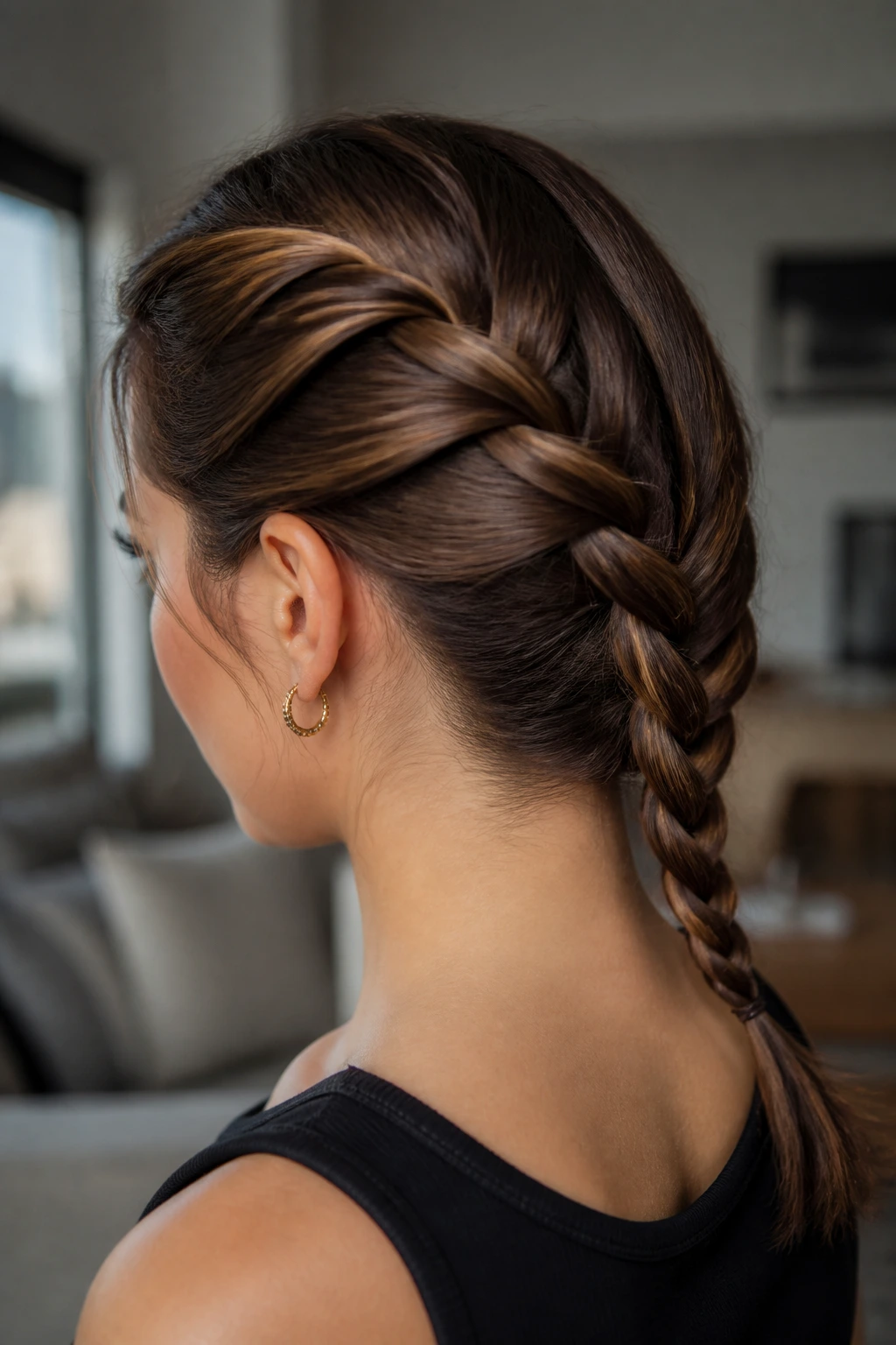 Portrait of a real woman wearing a two-strand rope twist braid.