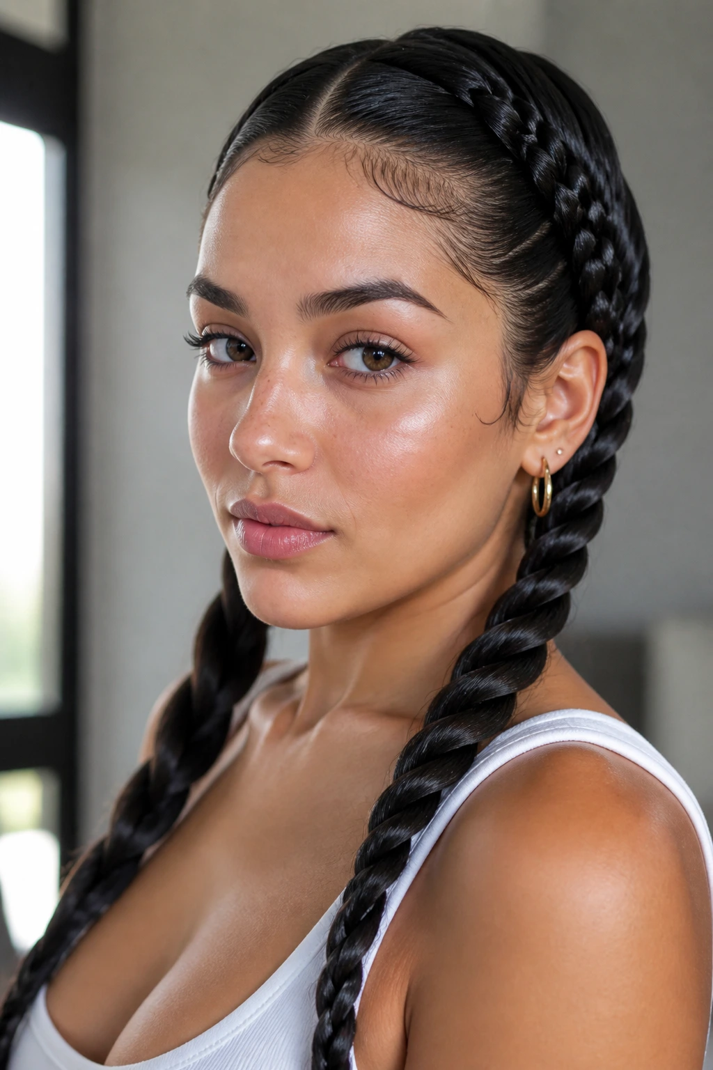 Close-up of a real woman with two rope twist braids