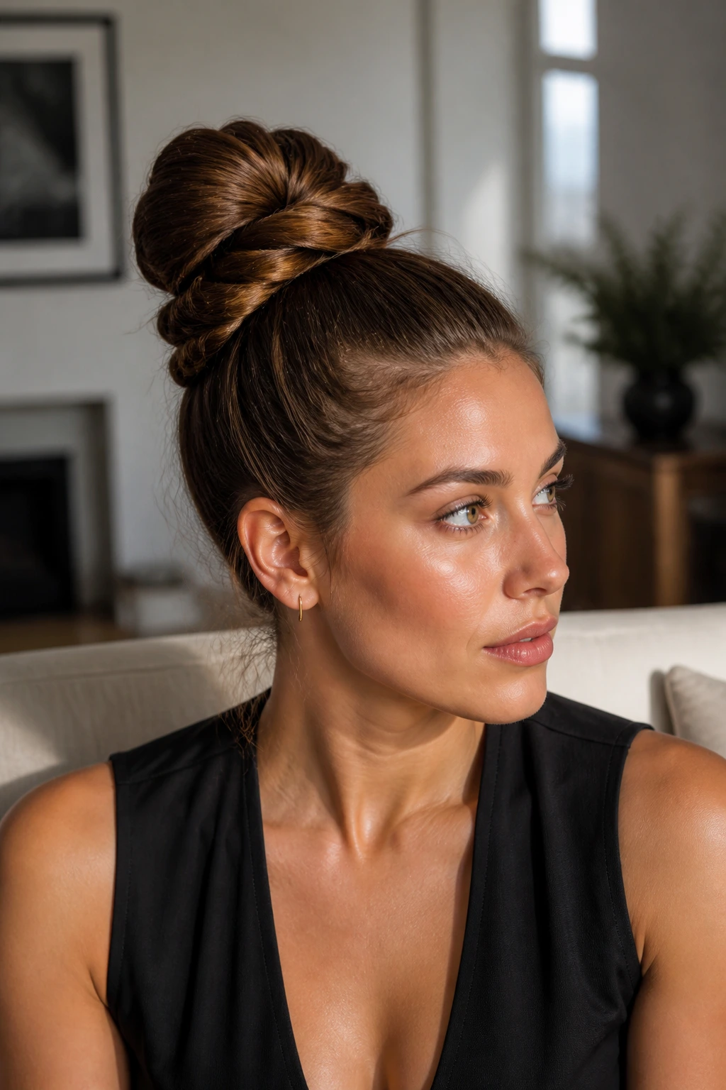 Close-up of a real woman with a rope-twisted high bun and visible rope twists