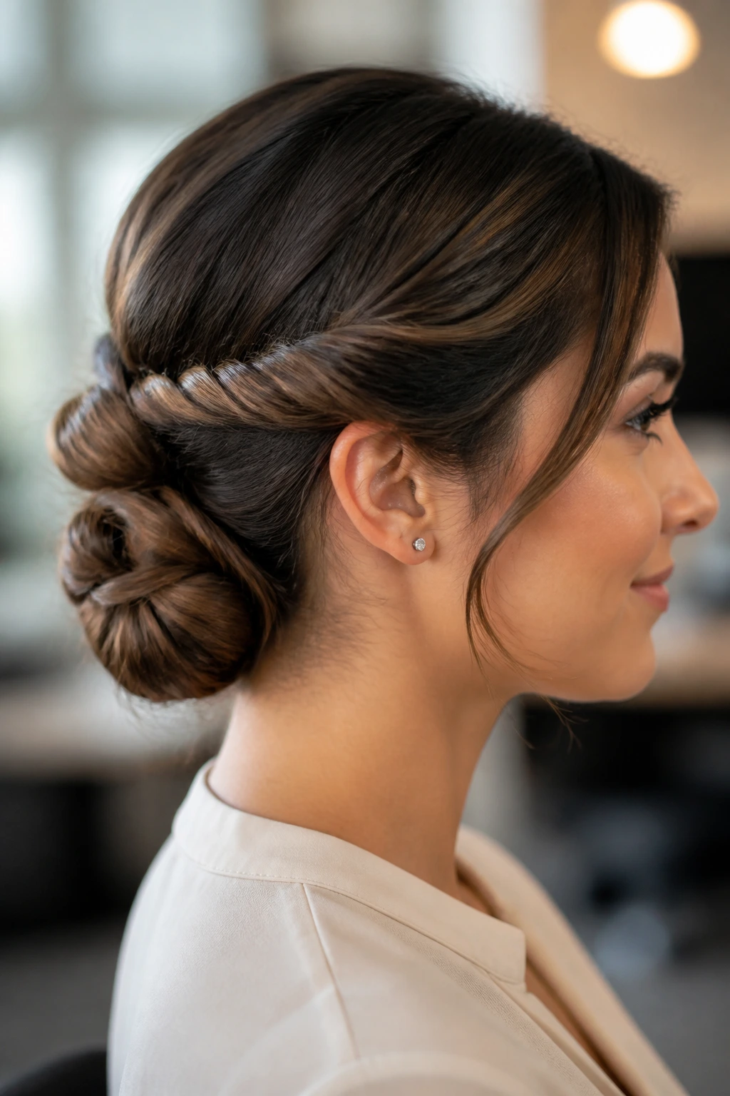 Close-up side-profile of a real woman with a low rope twist chignon at the nape