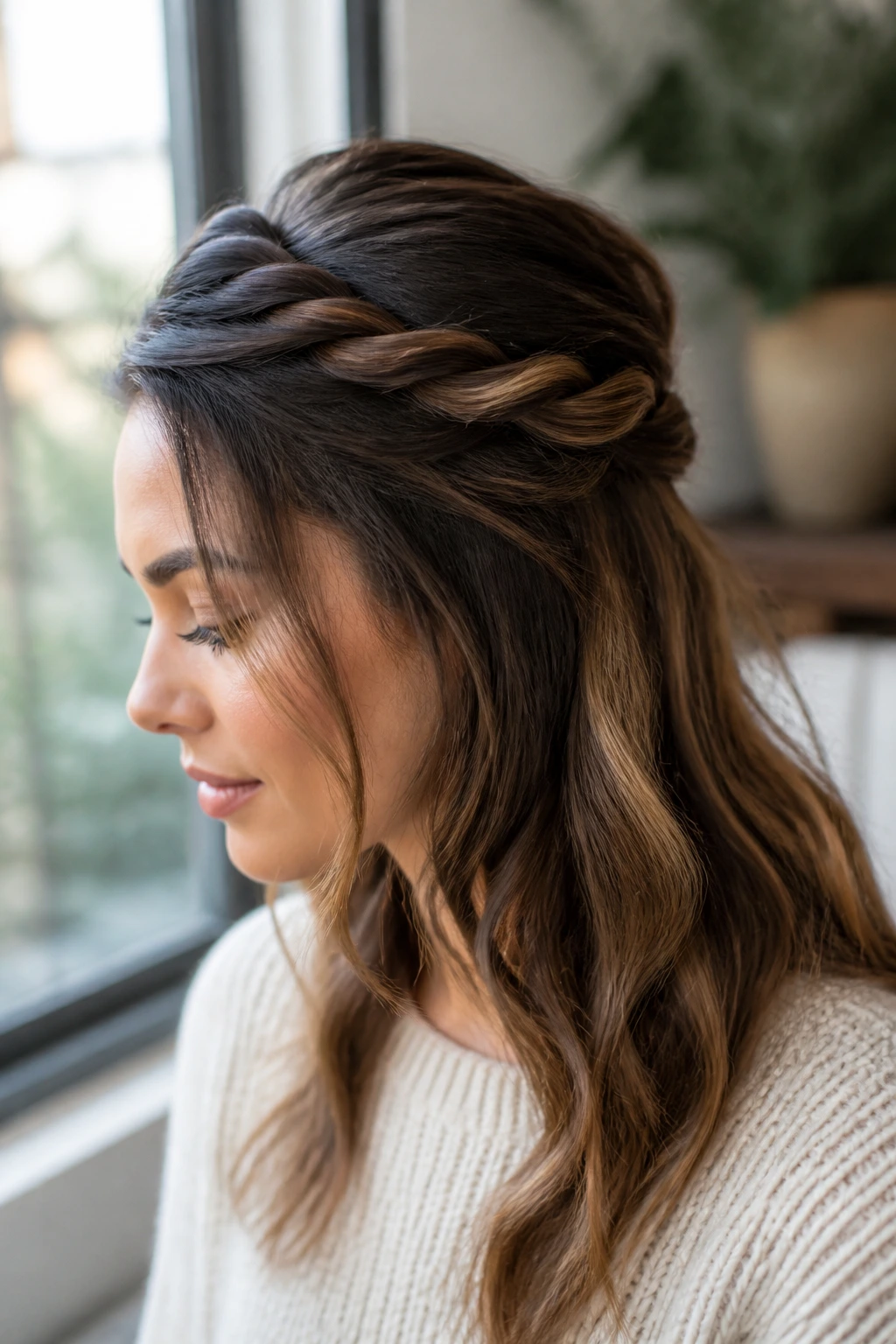 Side-profile of a real woman with a rope twist crown hairstyle
