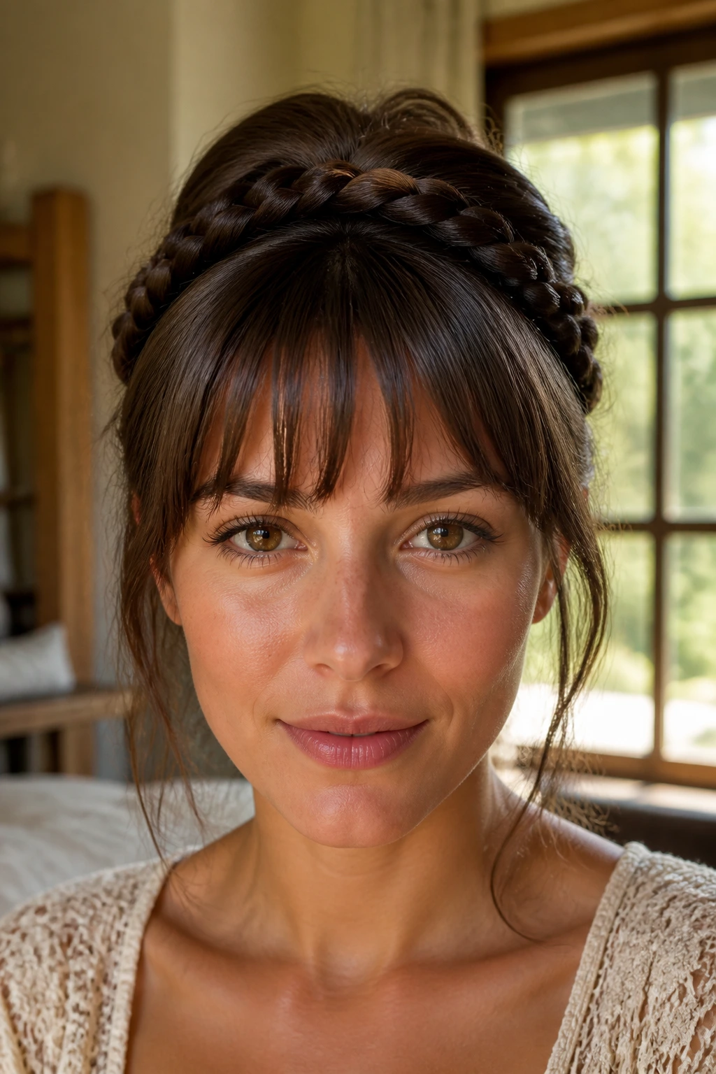 Close-up of a real woman with a rope twist crown wrapped in silk thread around bangs