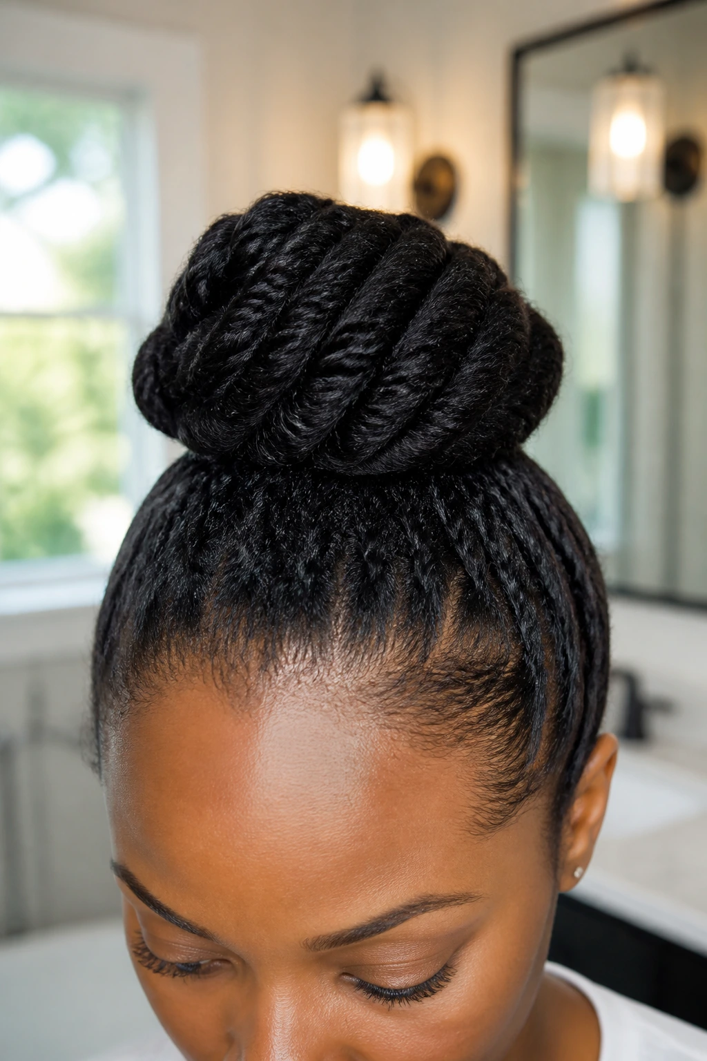 Close-up of a two-strand rope twist at the crown on a real person, displayed in a bright, natural setting