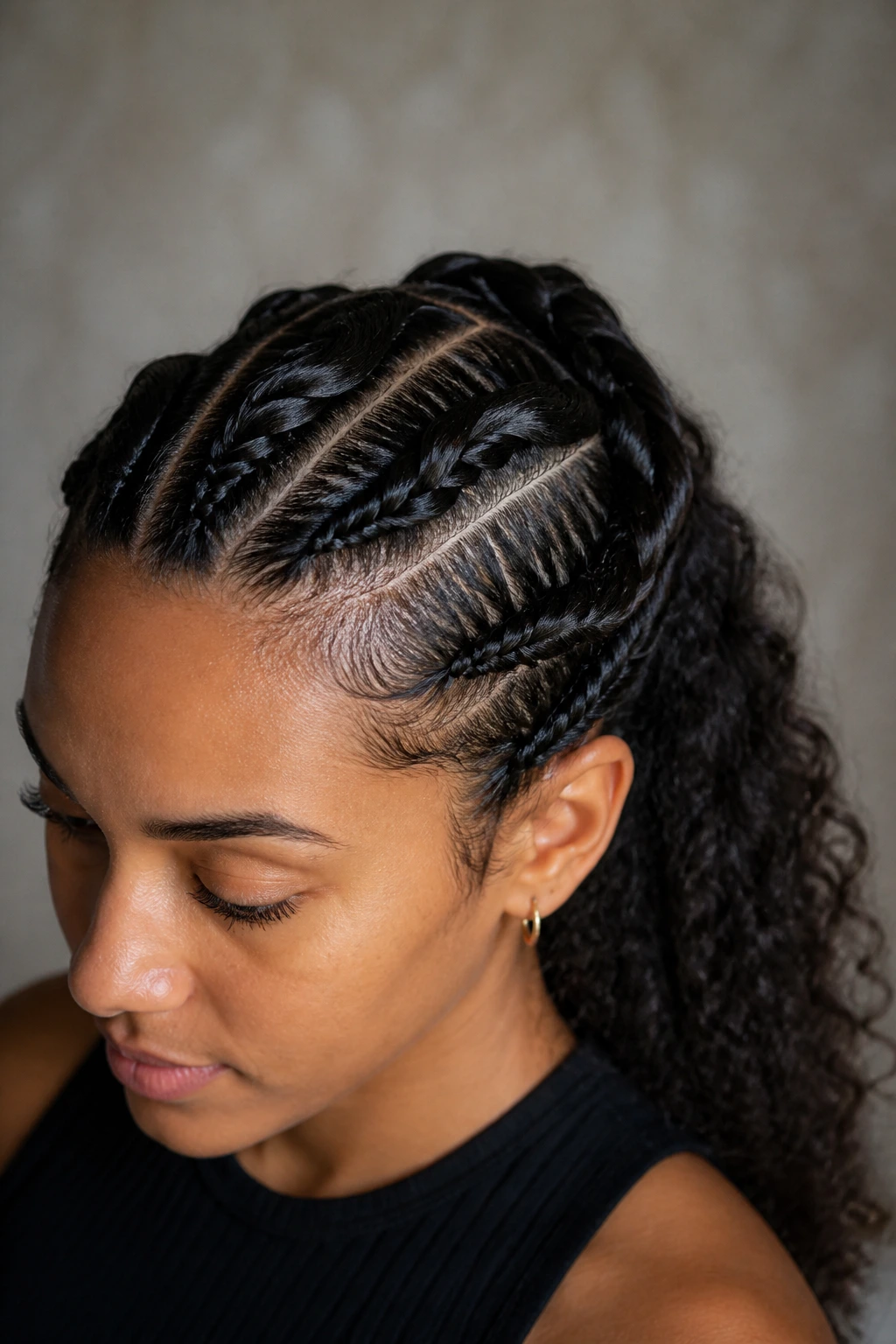 Close-up of a real person with a rope-twist Dutch braid on curly hair