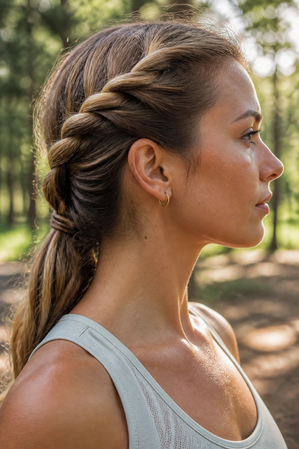 Side-profile of rope twist hairstyle on real person in park